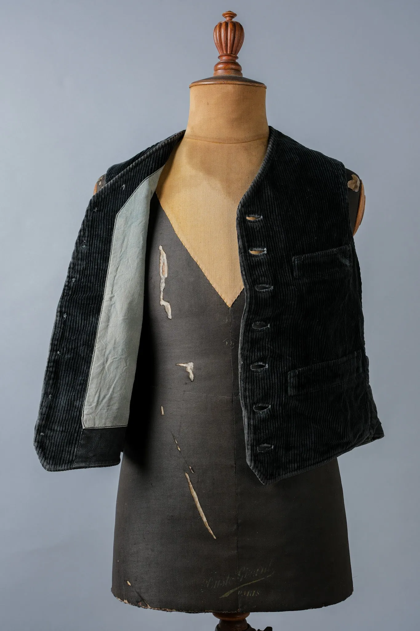 [~ 40's] French vintage noir en velours côtelé gilet 