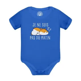 Body Bébé Manche Courte Bleu Hamster Je ne suis pas du matin Animaux de Compagnie