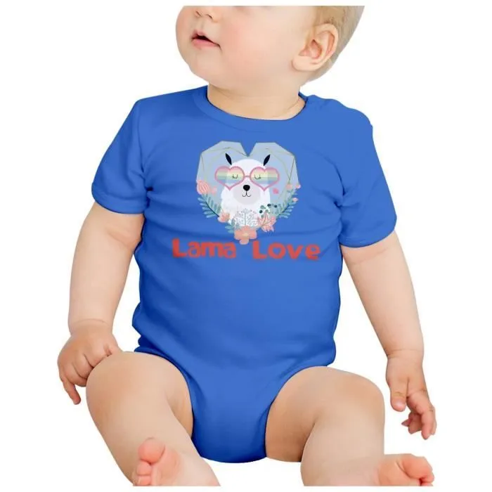 Body Bébé Manche Courte Bleu Lama Love Dessin Illustration Hippie Peace