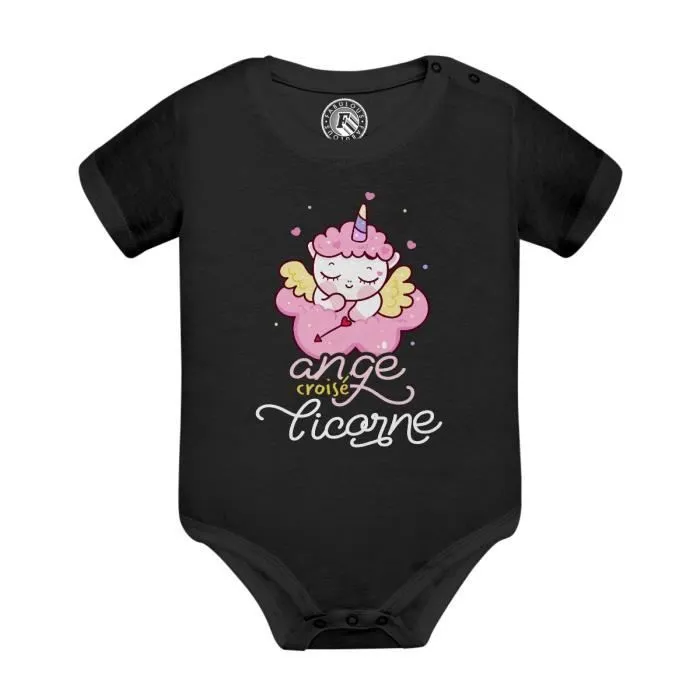 Body Bébé Manche Courte Noir Ange Croisé Licorne Dessin Original Illustration Mignon
