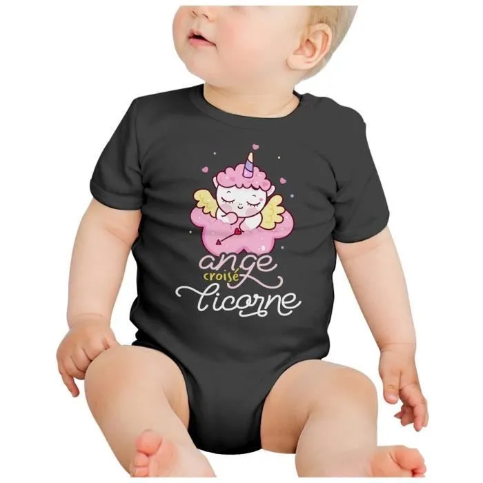 Body Bébé Manche Courte Noir Ange Croisé Licorne Dessin Original Illustration Mignon