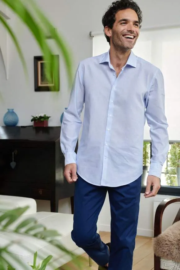 Chemise Fines Rayures Coton et Lin Bleu