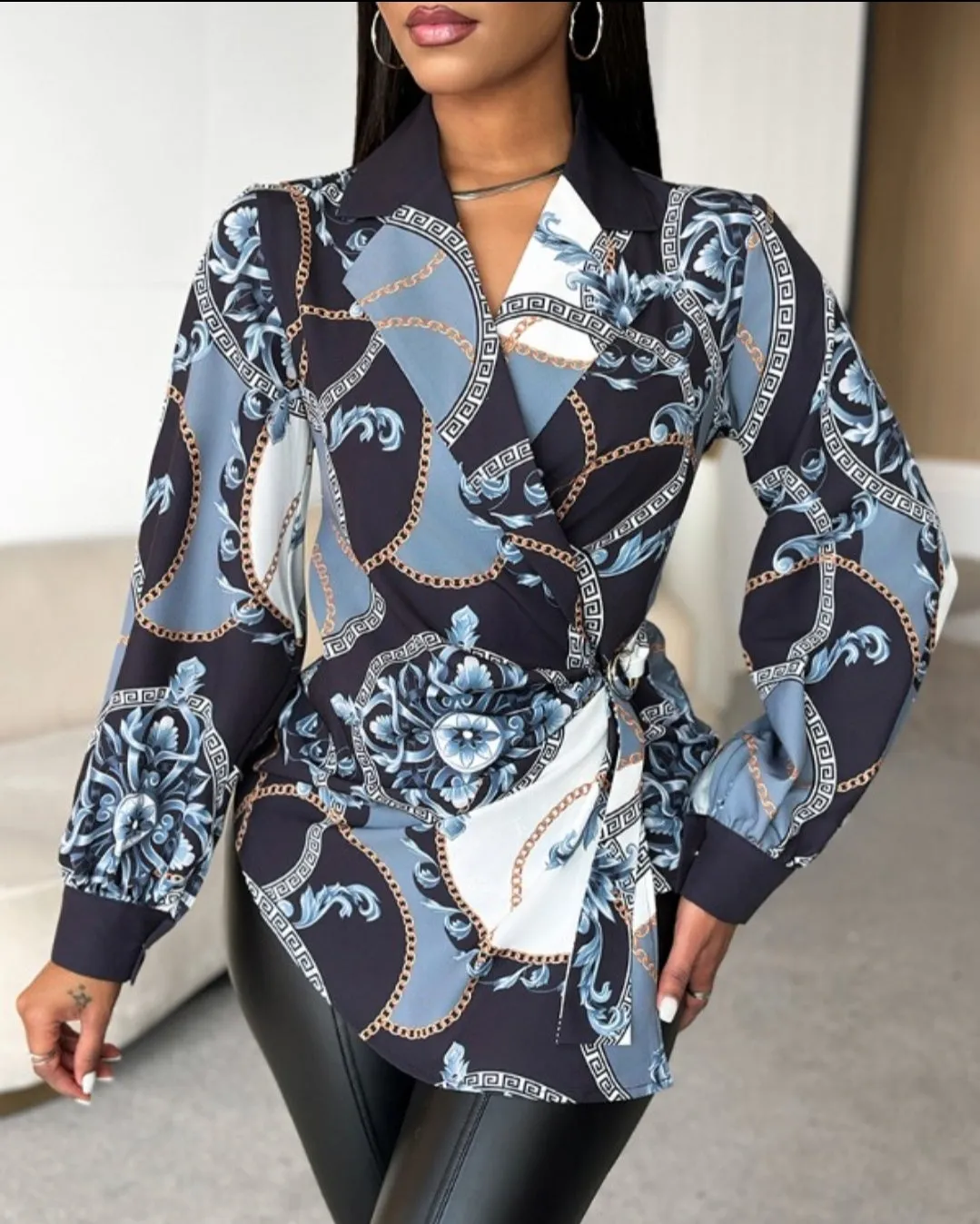 Chemise superposé à boucle et imprimé géométrique à chane florale