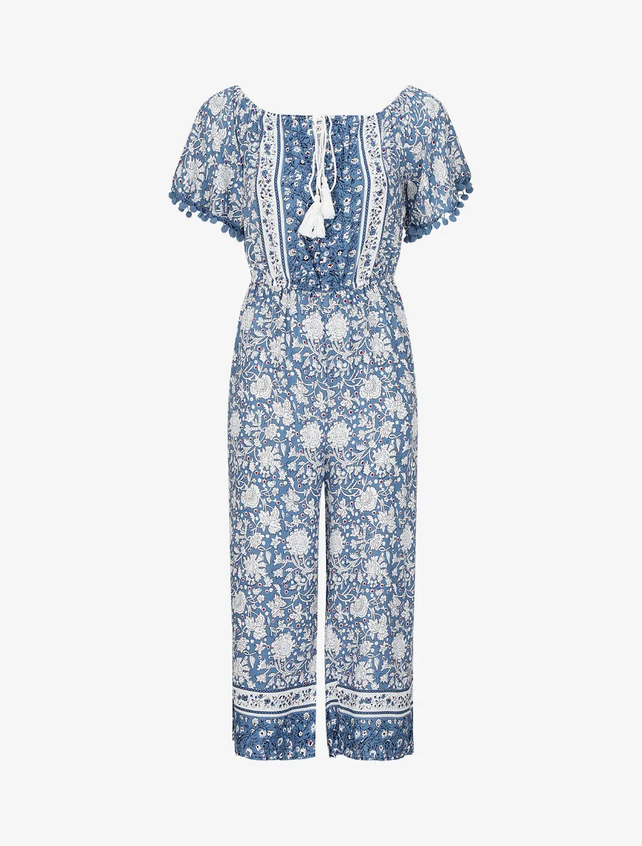 Combinaison imprimé floral stylisé à manches à pompons - Bleu