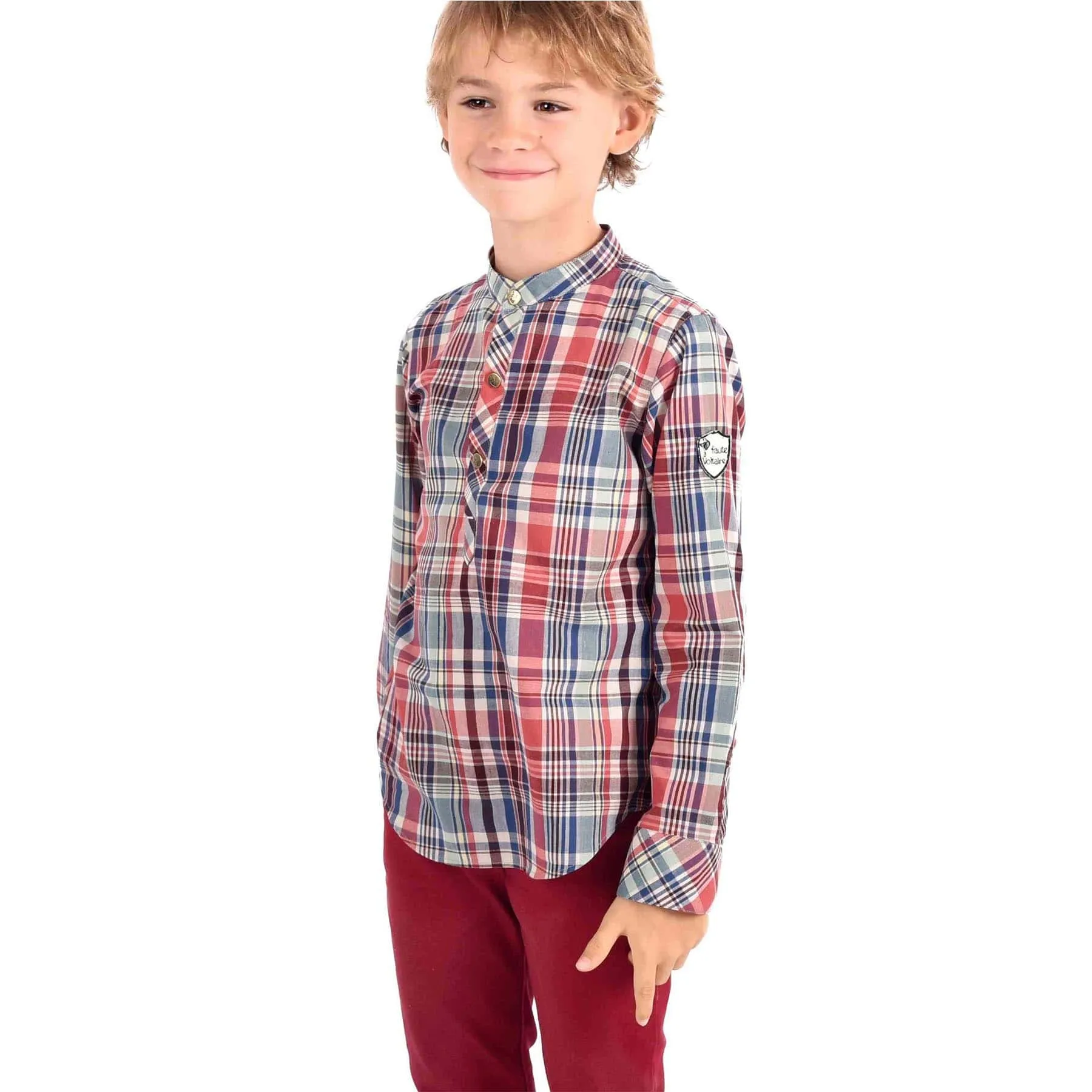 Mao collar shirt boy | burgundy checks | LIVERPOOL