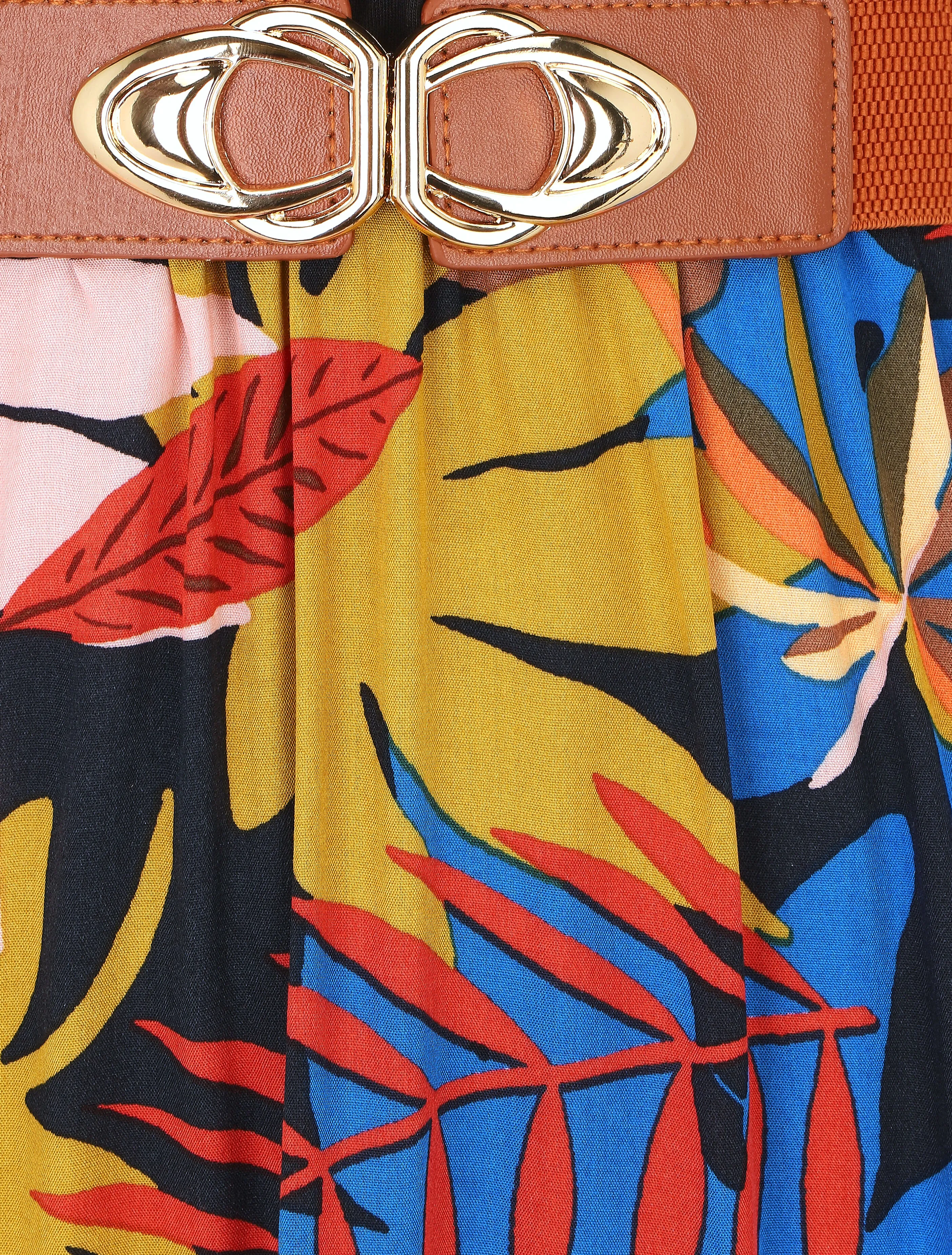 Robe mi-longue bicolore imprimé tropical - Bleu roi