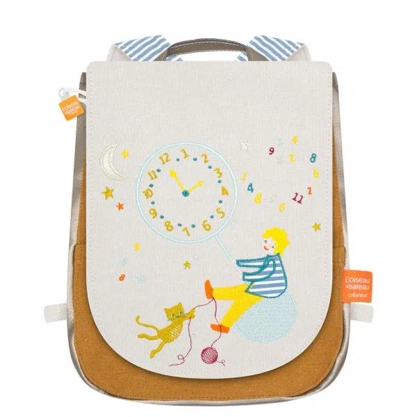 Sac à dos enfant Le garçon et l'horloge écru personnalisable