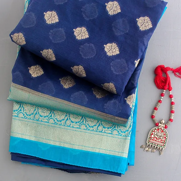 Saree Indien Bleu/Doré | Vente En Ligne/Toulouse | Pankaj e-Boutique