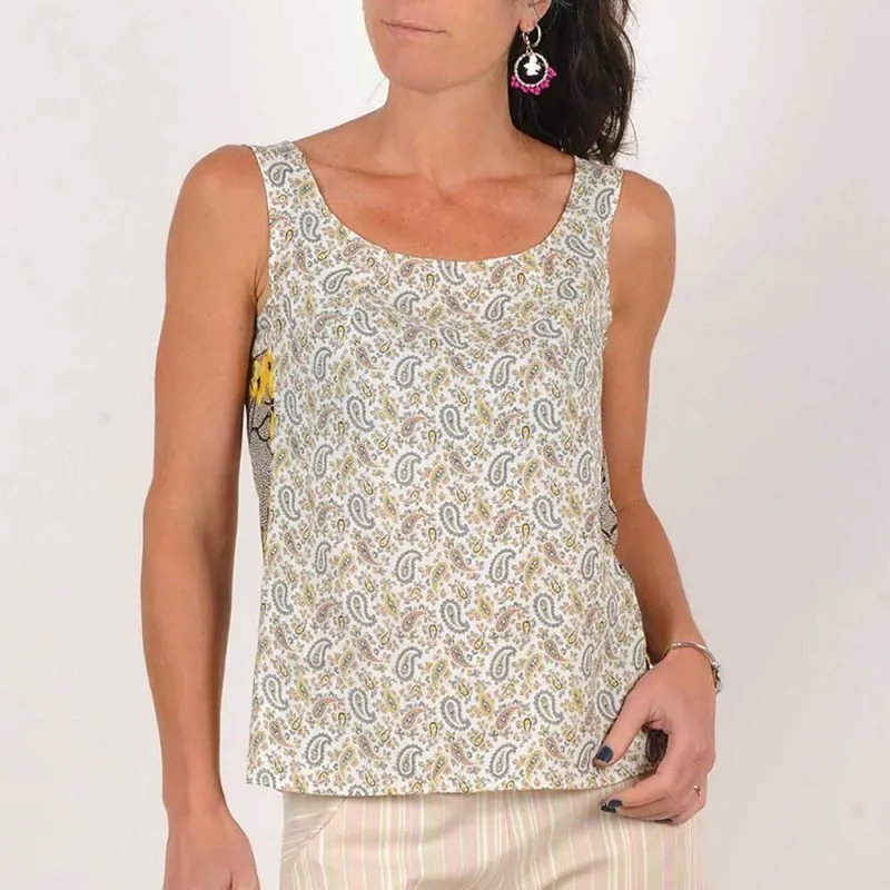 Top débardeur été blanc et jaune, tissu vintage kashmir
